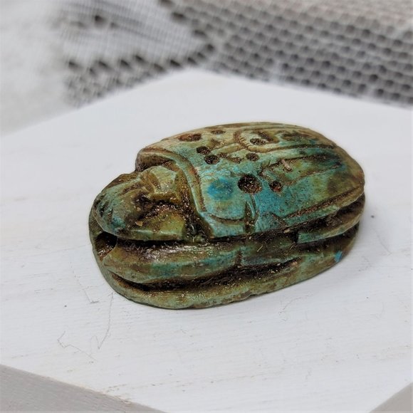 Vintage Clay Scarab Bead from Egypt Large Hieroglyphics - Picture 3 of 8
